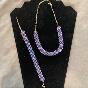 Aurora Borealis Purple Crystal Beaded Choker & Bracelet Set